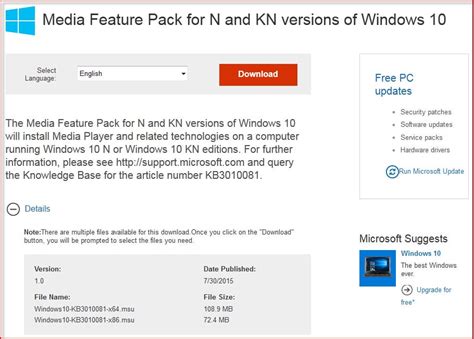 Media Feature Pack for Windows 10 N and KN versions ...
