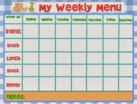 Menu Templates Kids Weekly | Calendar Template 2016