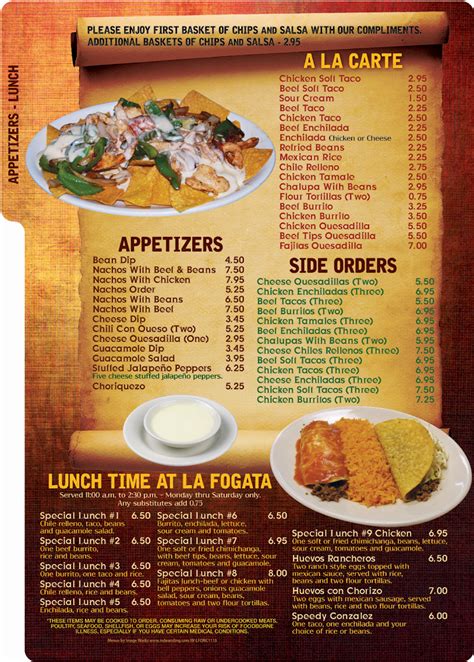 Menus | La Fogata Mexican Restaurant Kitty Hawk | Outer ...