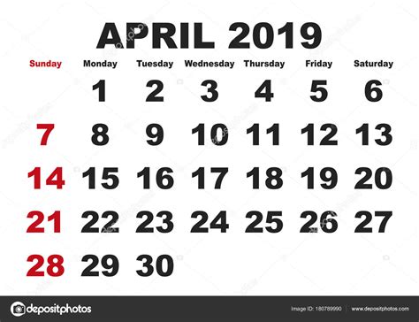 Mes de abril calendario 2019 inglés Usa — Vector de stock ...