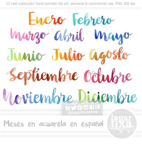 Meses del Año español Letras en Acuarela cursiva PNG Clipart