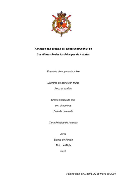 Modelo menú boda, Príncipes de Asturias.   Protocolo ...