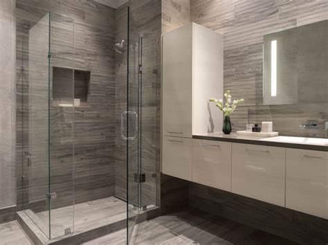 Modern Bathroom, gray + white, white floating vanity ...
