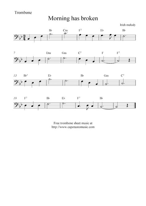 Morning has broken, free trombone sheet music notes
