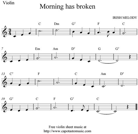 Morning has broken, free violin sheet music notes