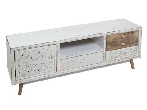 Mueble TV vintage blanco envejecido de madera de abeto y dm