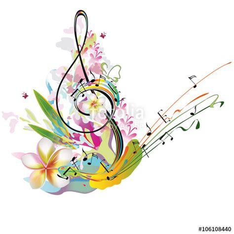 Musical treble clef with notes, flower splashes. Summer ...