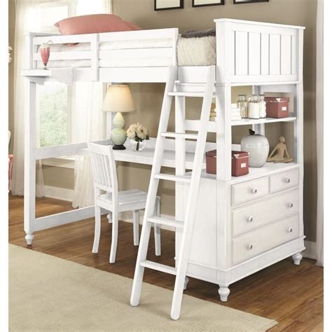 NE Kids Lake House Twin Loft Bed with Desk in White   1040ND