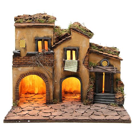 Neapolitan Nativity, village with 3 houses and light ...