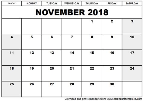 November 2018 Calendar Template | 2018 calendar printable