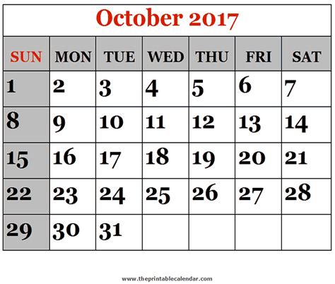 October 2017 printable Calendars