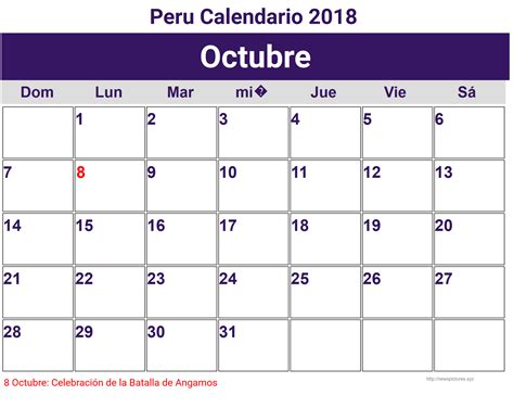 Octubre Peru Calendario 2018 | printcalendar.xyz
