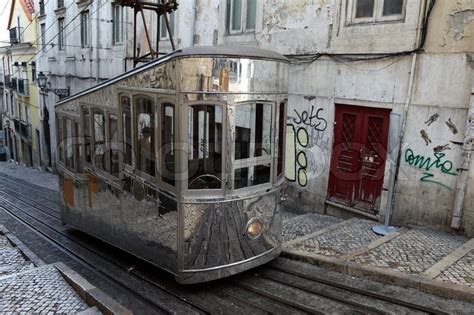 Old cable car in the street of Lisbon, Portugal | Stock ...