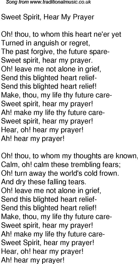 Old Time Song Lyrics for 33 Sweet Spirit Hear My Prayer