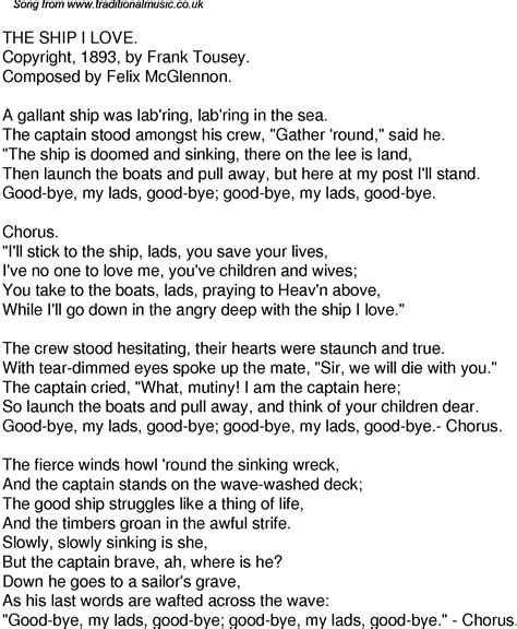 Old Time Song Lyrics for 49 The Ship I Love