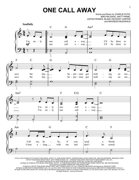 One Call Away sheet music by Charlie Puth  Easy Piano ...