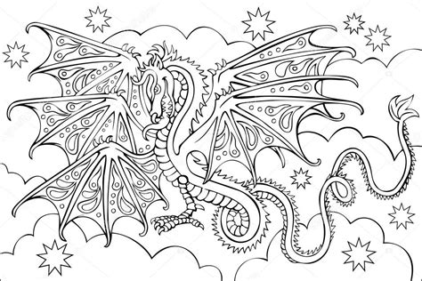 Página con blanco y negro dibujo de dragón para colorear ...
