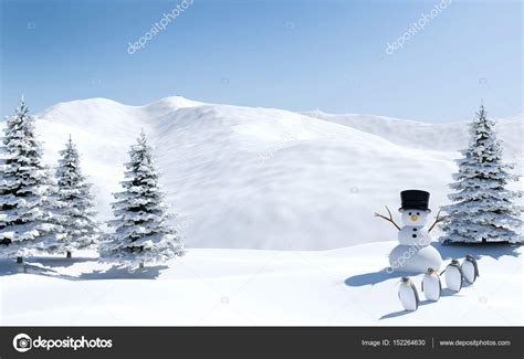 Paisaje ártico, campo de nieve con muñeco de nieve y ...