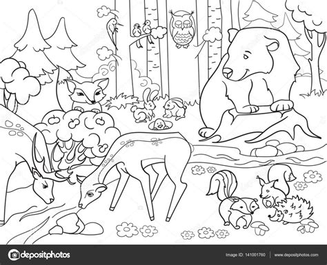Paisaje de bosque con animales para colorear vector para ...
