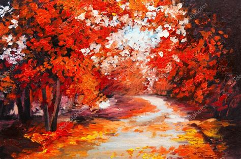Paisaje pintura al óleo   bosque colorido del otoño ...