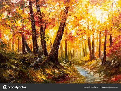 Paisaje pintura al óleo   hojas de otoño bosque cerca del ...