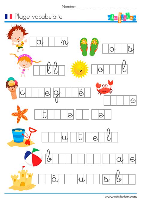 Palabras de verano en francés. Fichas infantiles en francés