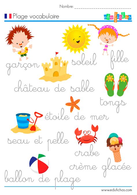 Palabras de verano en francés. Fichas infantiles en francés
