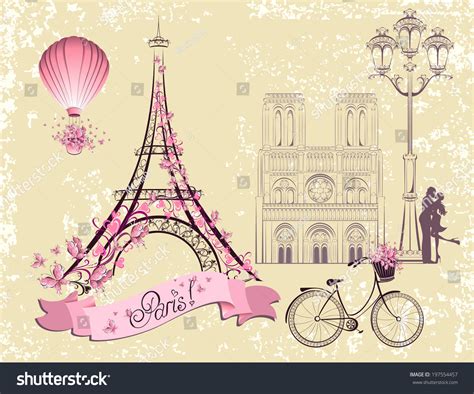 Paris Symbols Landmarks Romantic Postcard Paris Stock ...