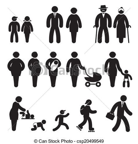 People age icons. Set black and white vector icons of ...