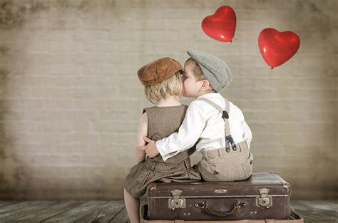 Photo Little girls Boys Heart Children Kiss