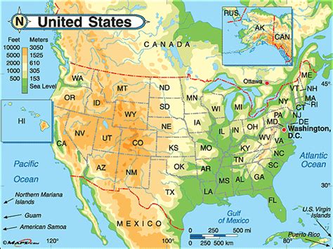 Physical Map Of United States And Canada