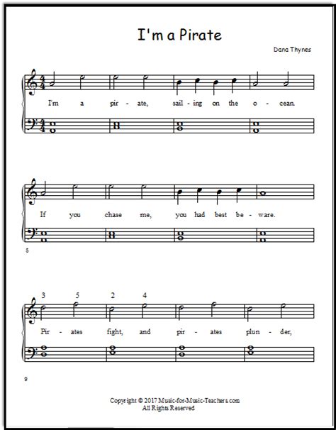 Piano Music Sheets for Beginners  I m a Pirate