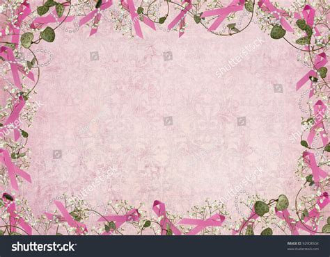 Pink Ribbon With Ivy And Pearls On Damask Background Stock ...