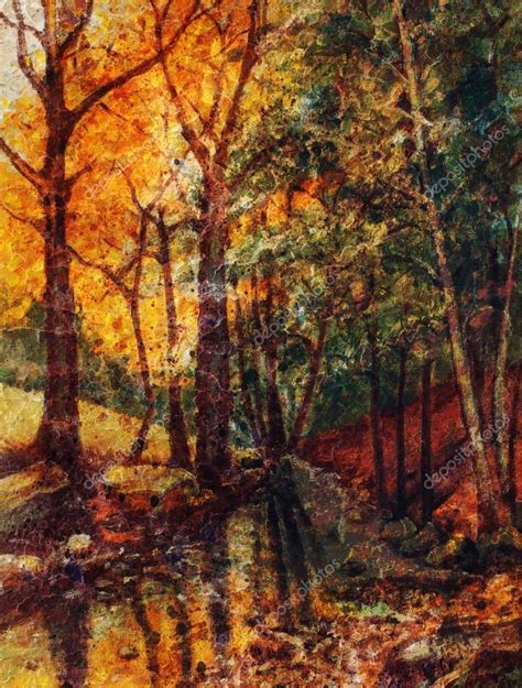 Pintura al óleo paisaje con río en bosque del otoño. Fondo ...