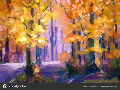 Pintura al óleo paisaje   los árboles de otoño coloridos ...
