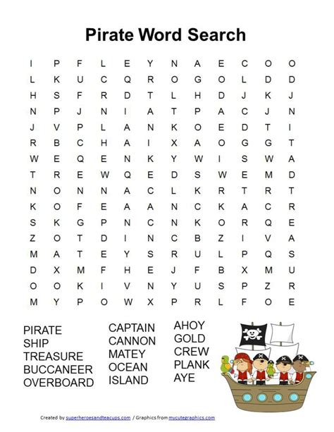 Pirate Word Search Free Printable for Kids