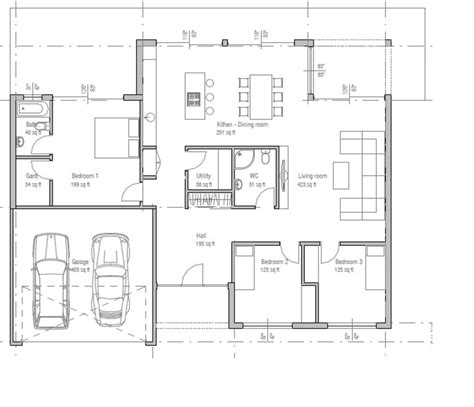 Plano De Casa De Una Planta Moderna Con 3 Dormitorios Y 2 ...