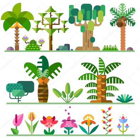 Plantas tropicales. Diferentes tipos de árboles, flores ...