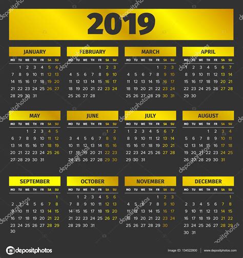 Plantilla calendario 2019 — Vector de stock © 123sasha ...