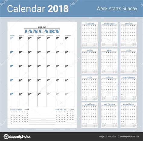 Plantilla de calendario para el año 2018. Conjunto de 12 ...