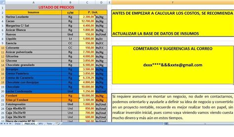 Plantilla Hoja Excel Cálculo Precio Venta Reposteros   Bs ...