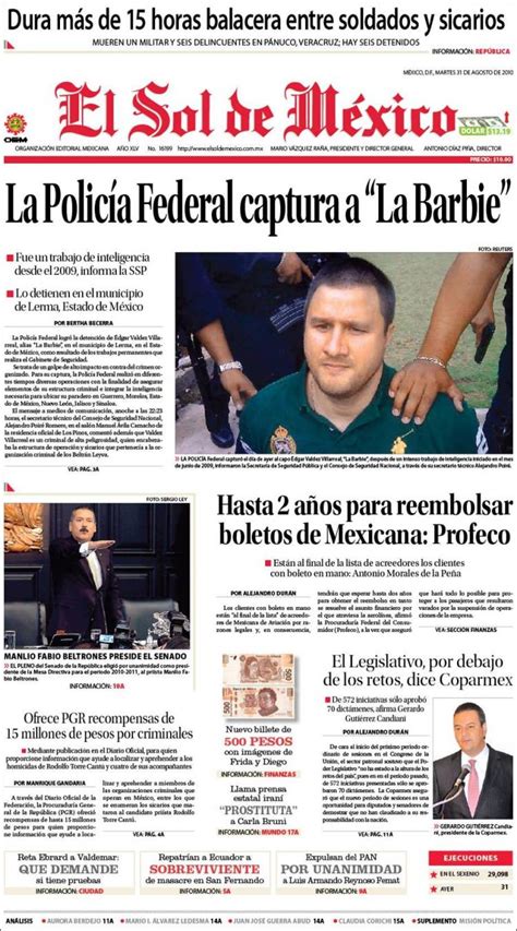 Portada del periódico El Sol de México  México . Todos los ...