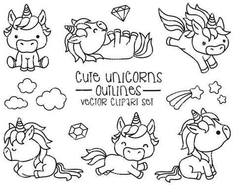 Premium Vector Clipart   Kawaii Unicorns Outlines   Cute ...