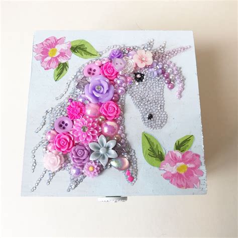 Pretty Unicorn Button art small jewellery box. £20.00 ...