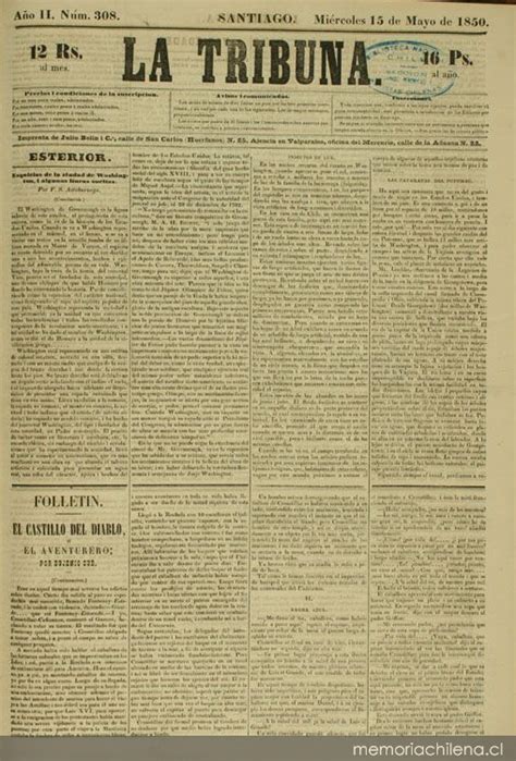 Primera plana del diario La Tribuna, 15 de mayo de 1850 ...