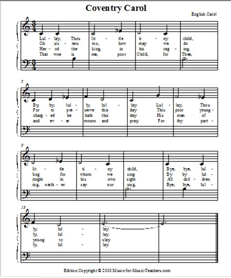 Print Free Piano Sheet Music for Coventry Carol, Solo or Duet