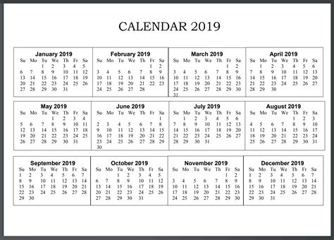 Printable Calendar 2019 United States | Calendar 2019