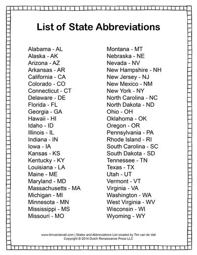 Printable List of State Abbreviations for Students and Kids