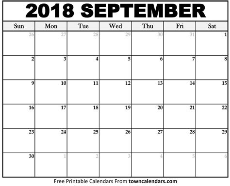 Printable September 2018 Calendar   towncalendars.com