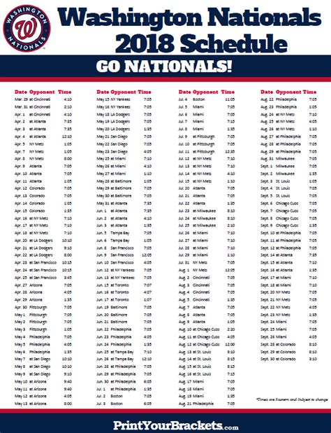 Printable Washington Nationals Baseball Schedule 2018